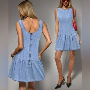 Drop Waist Denim Mini Sleeveless Pleated Jean Skater Dress Light Wash